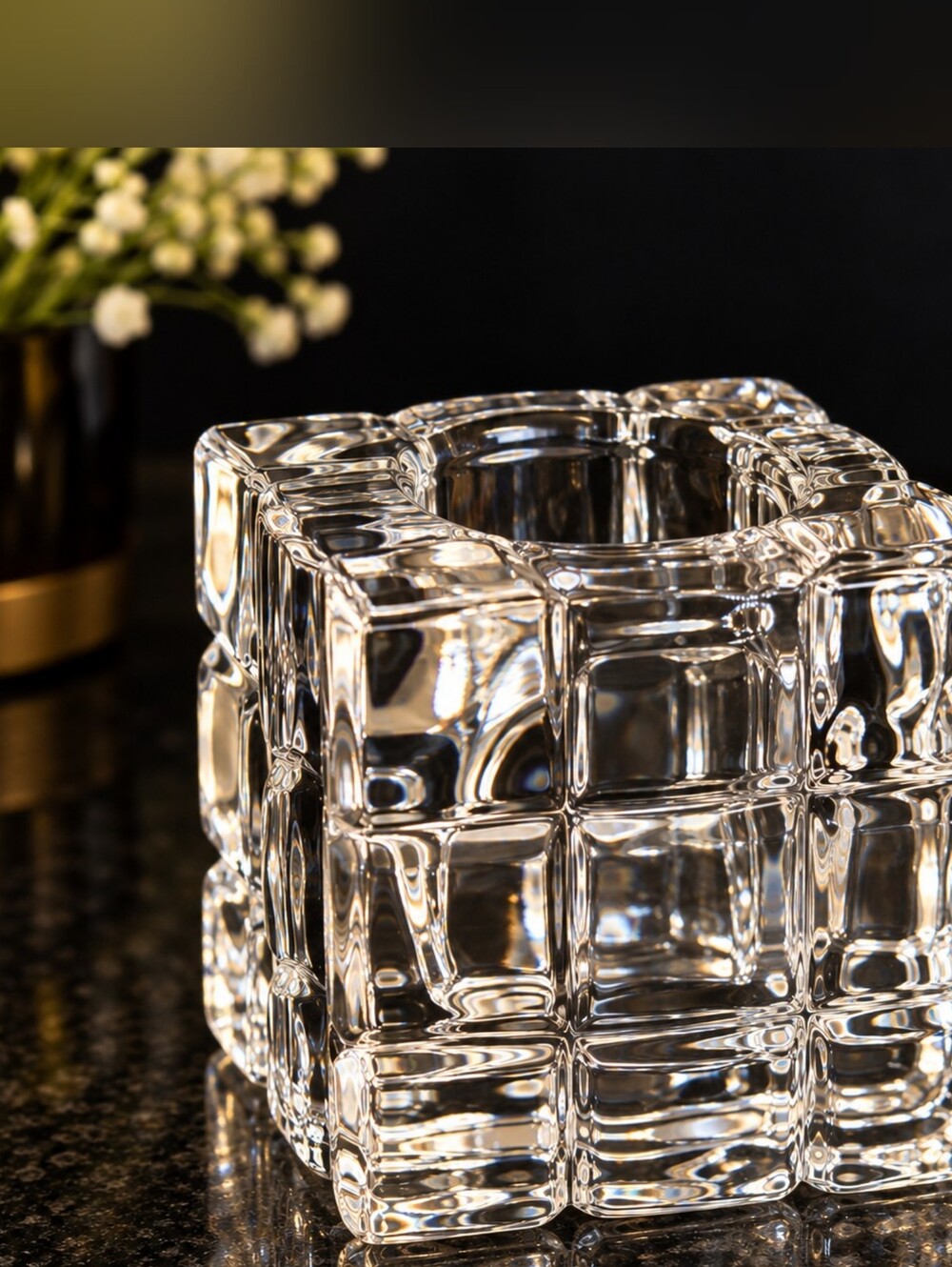 Fifth Avenue Crystal Block Glass Votive Candle Holders Set of 4 Geometric Decor